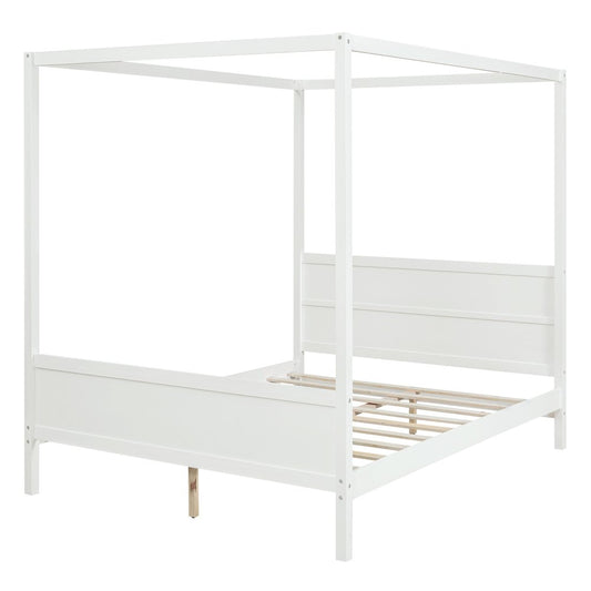White Inlaid Panels Wood Queen Canopy Bed
