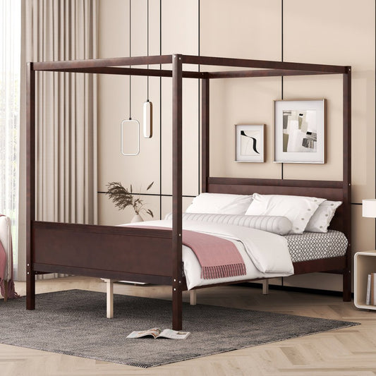 Espresso Inlaid Panels Wood Queen Canopy Bed