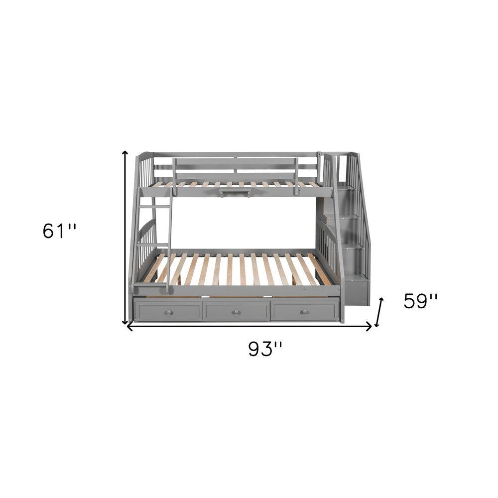 Gray Twin Over Full Wood Bunk Bed With Stairs And Drawers And Storage