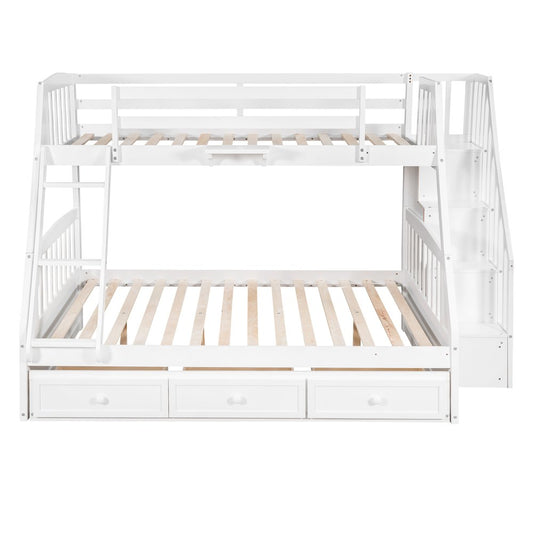 White Twin Over Full Wood Bunk Bed With Stairs And Drawers And Storage