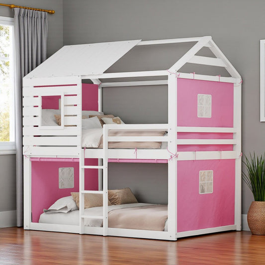 White Full Over Full Dollhouse Wood Bunk Bed