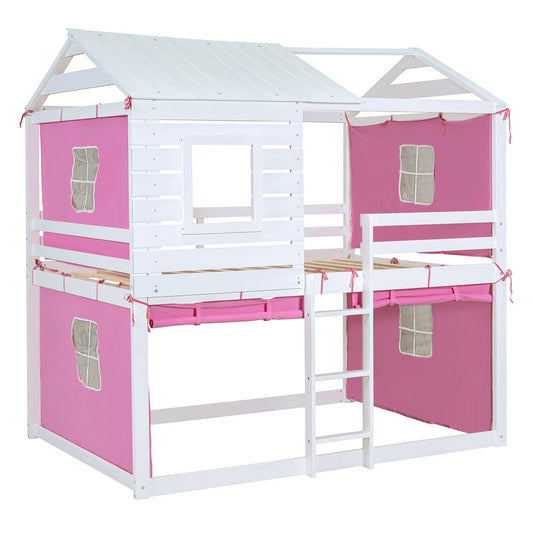 White Full Over Full Dollhouse Wood Bunk Bed