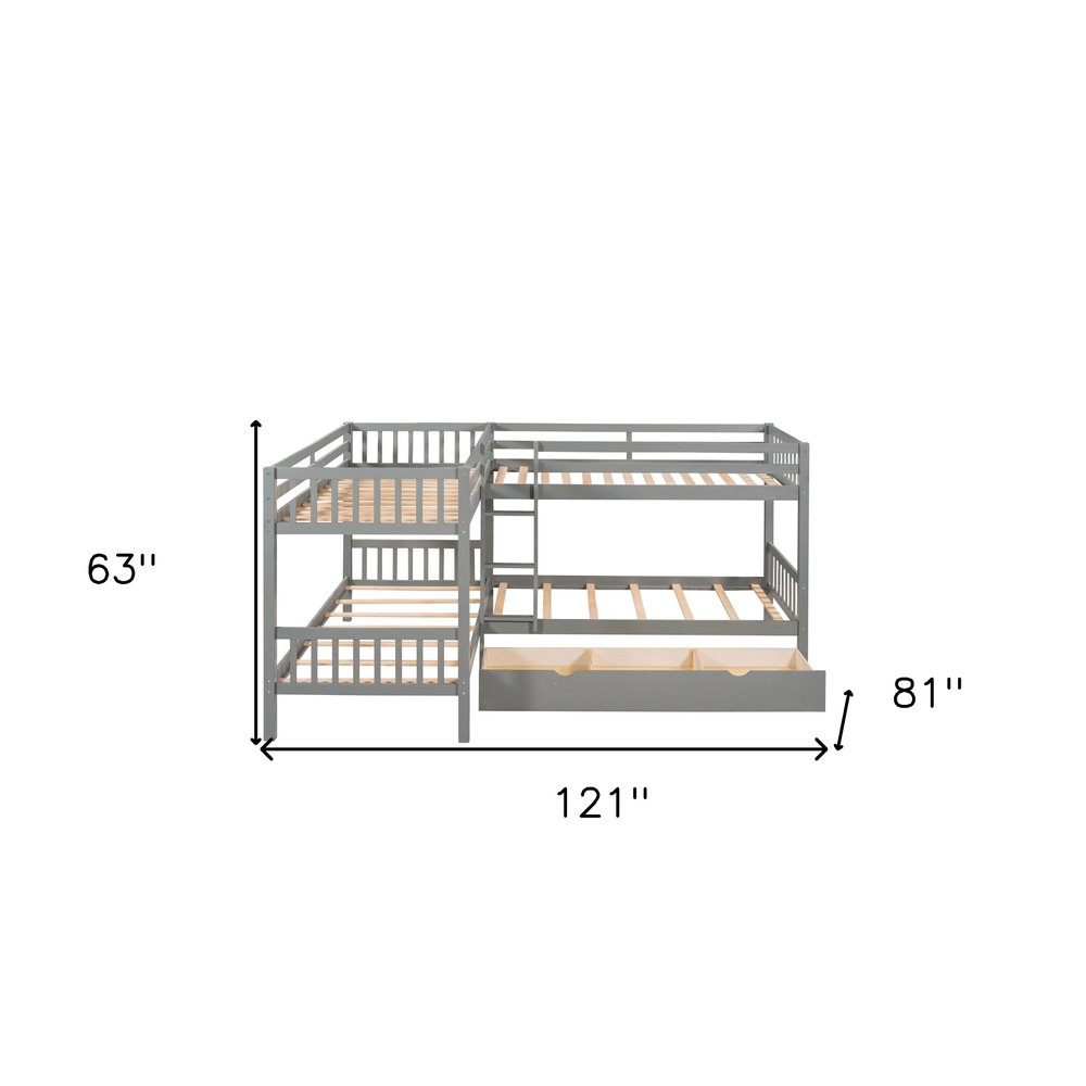 Gray Twin Over Twin L Shaped Wood Bunk Bed With Drawers