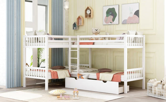 White Twin Over Twin Wood Bunk Bed With Drawers And Storage