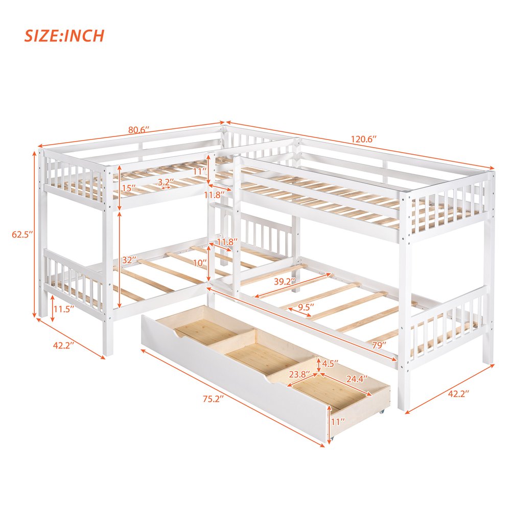 White Twin Over Twin Wood Bunk Bed With Drawers And Storage