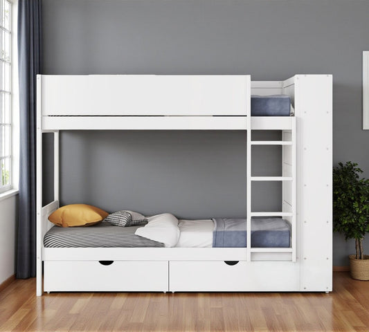 White Twin Over Twin Wood Bunk Bed With Drawers And Storage