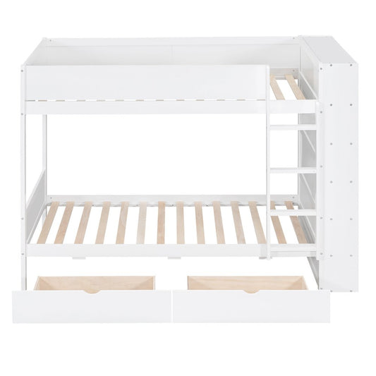 White Twin Over Twin Wood Bunk Bed With Drawers And Storage