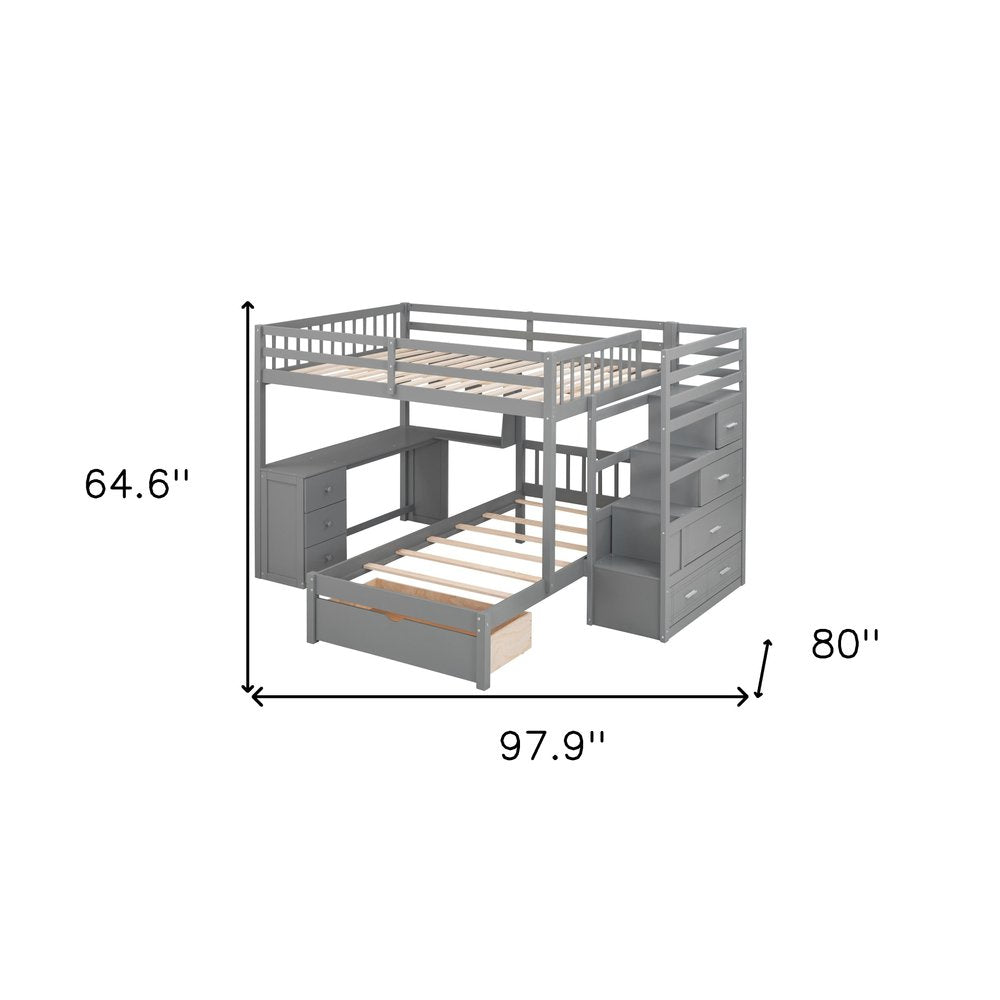 Gray Full Over Twin Wood Bunk Bed With Stairs Desk Drawers And Storage
