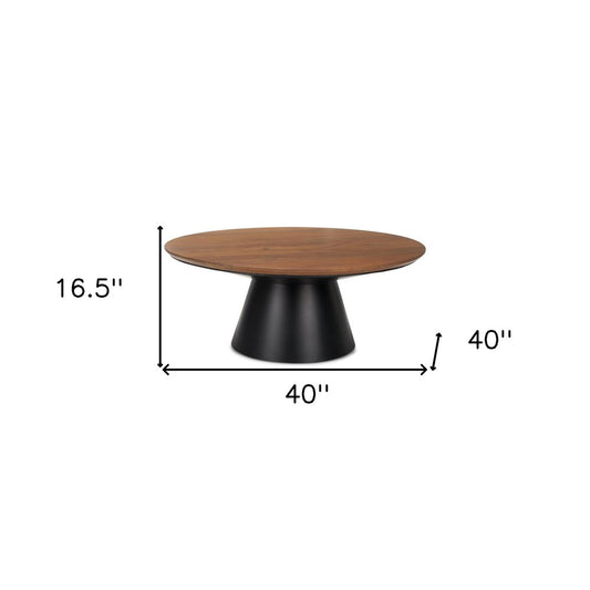 40" Brown and Black Solid Wood and Iron Round Pedestal Coffee Table