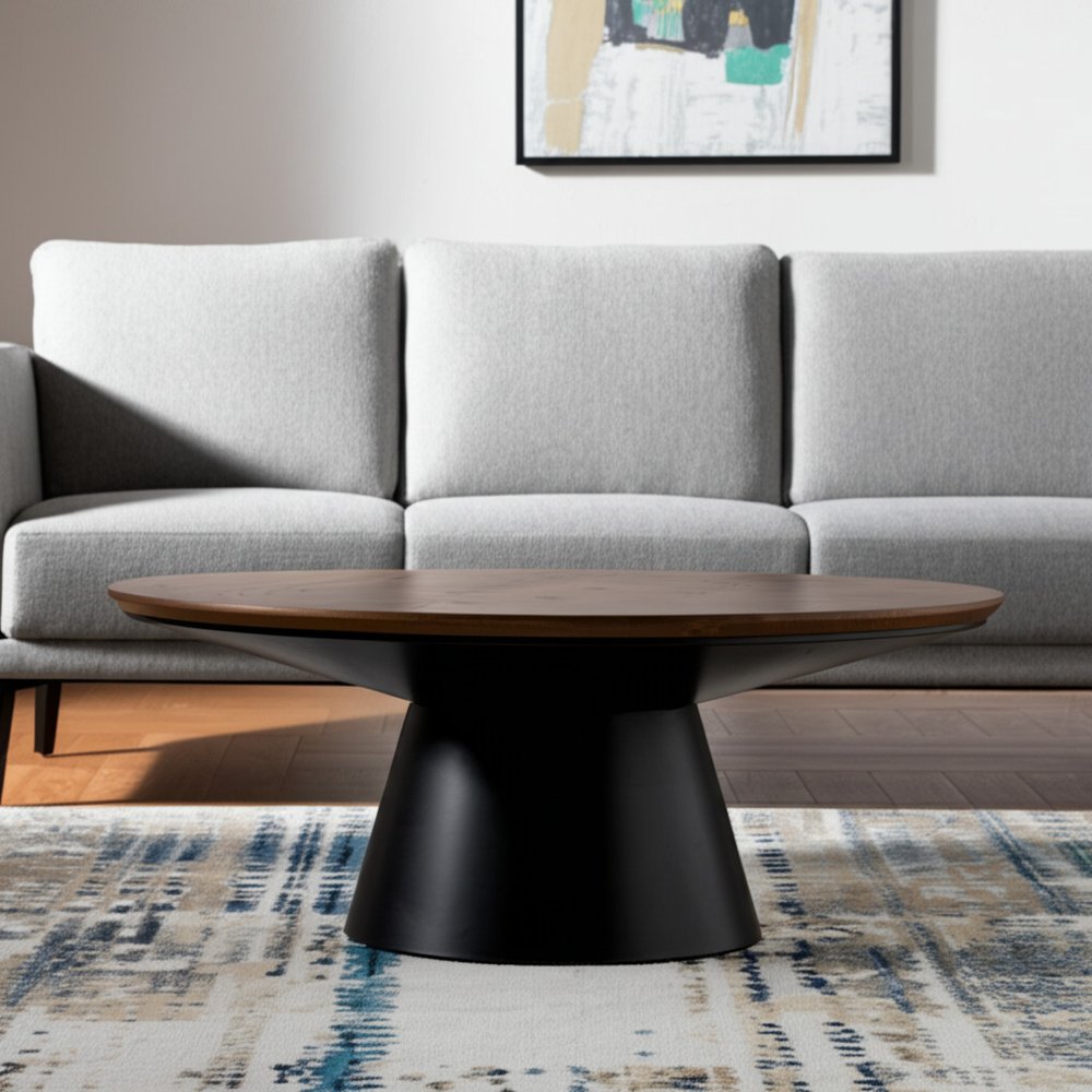 40" Brown and Black Solid Wood and Iron Round Pedestal Coffee Table