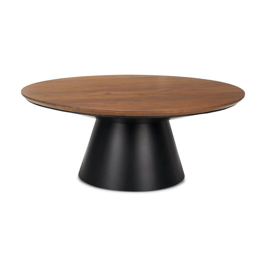 40" Brown and Black Solid Wood and Iron Round Pedestal Coffee Table