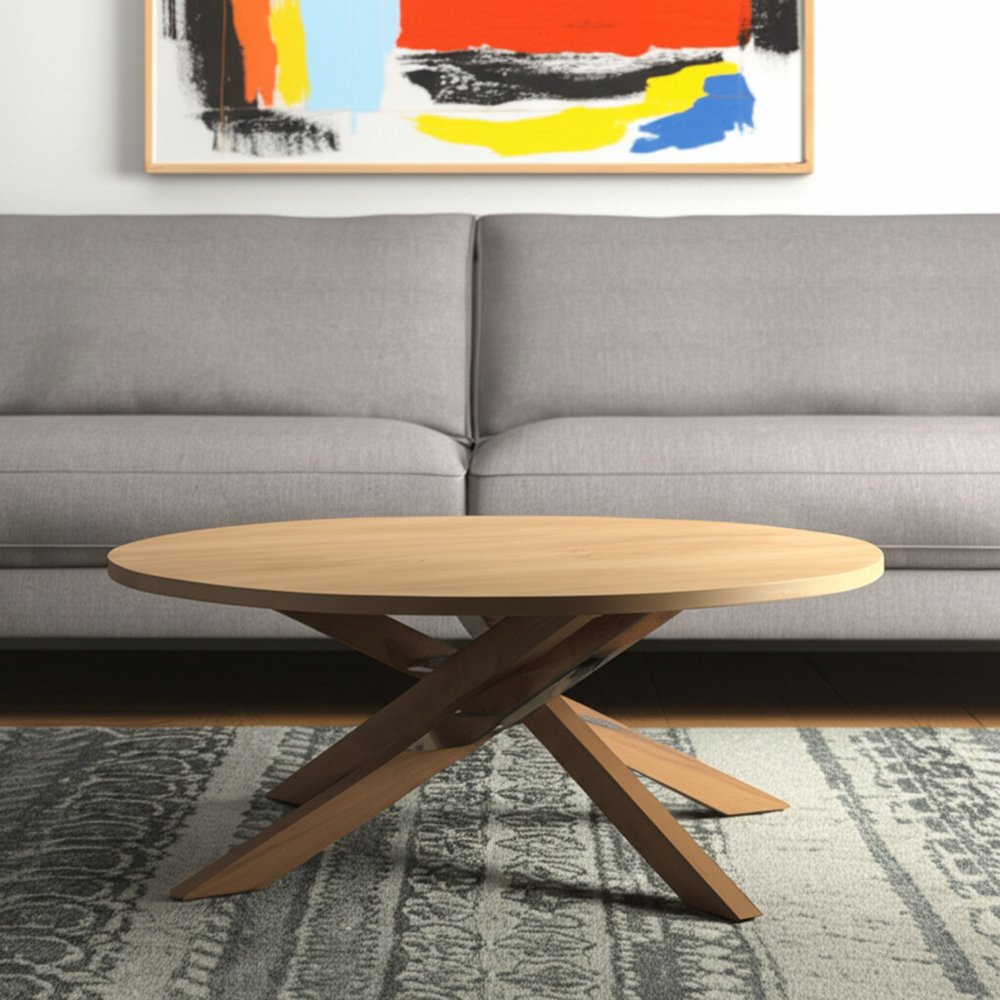 42" Natural Solid Wood Round Cross Legs Coffee Table