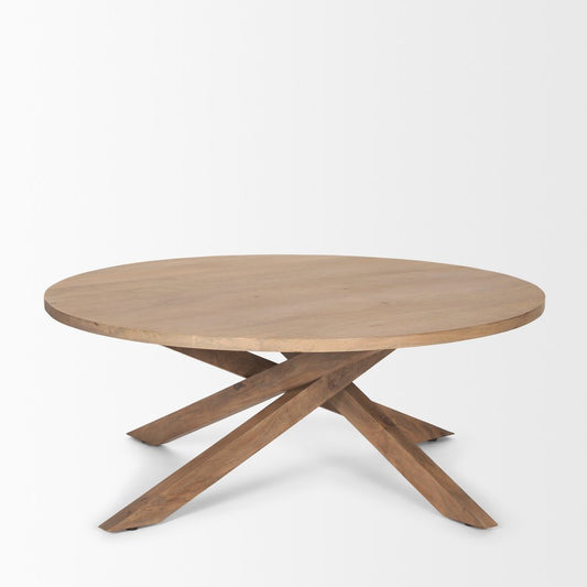42" Natural Solid Wood Round Cross Legs Coffee Table