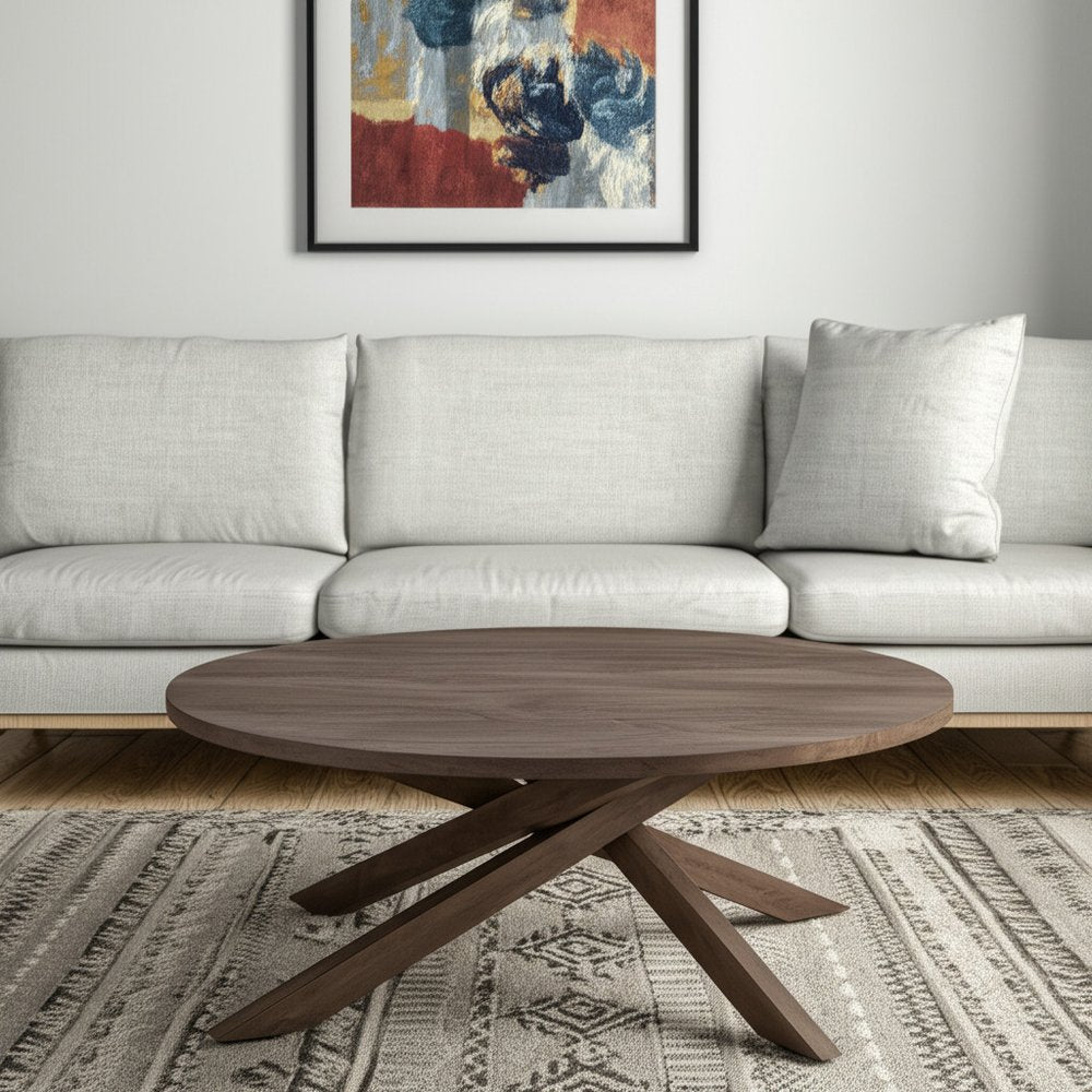 42" Brown Solid Wood Round Cross Legs Coffee Table