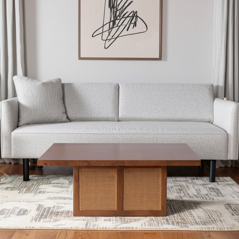 42" Brown and Natural Solid Wood and Wicker Square Double Pedestal Coffee Table