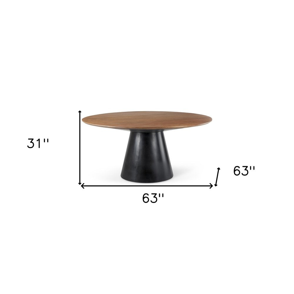 63" Brown and Black Solid Wood and Metal Pedestal Base Round Top Dining Table