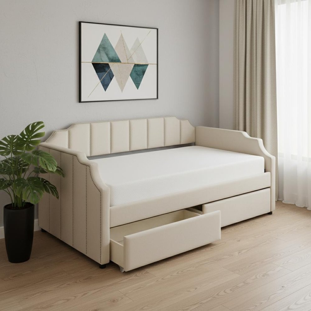 Beige Upholstered Twin Bed Frame
