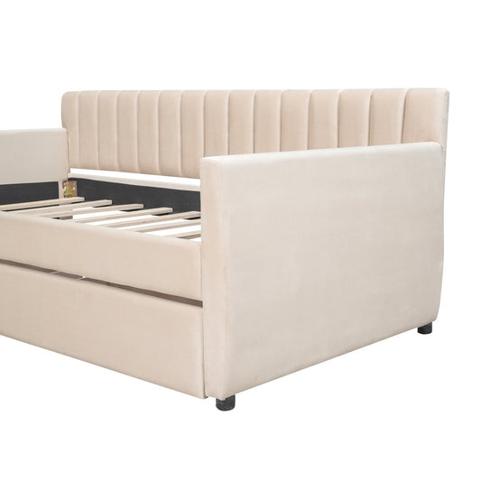 Beige Upholstered Twin Bed Frame With Drawers