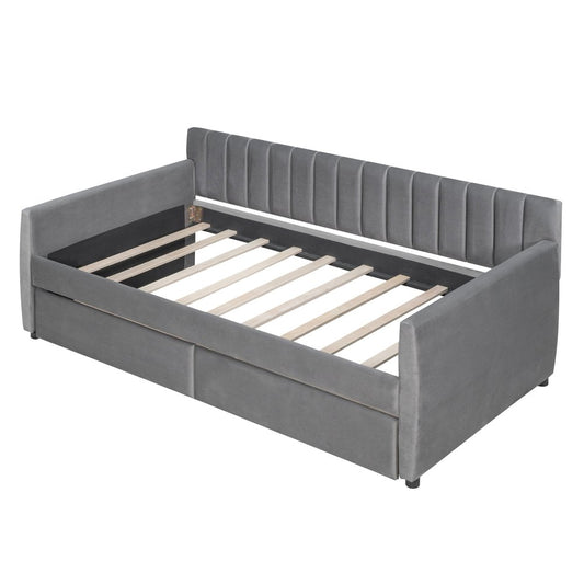 Gray Upholstered Twin Bed Frame With Drawers