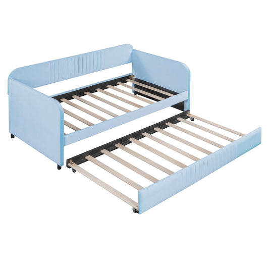 Light Blue and Blue Upholstered Twin Bed Frame With Trundle