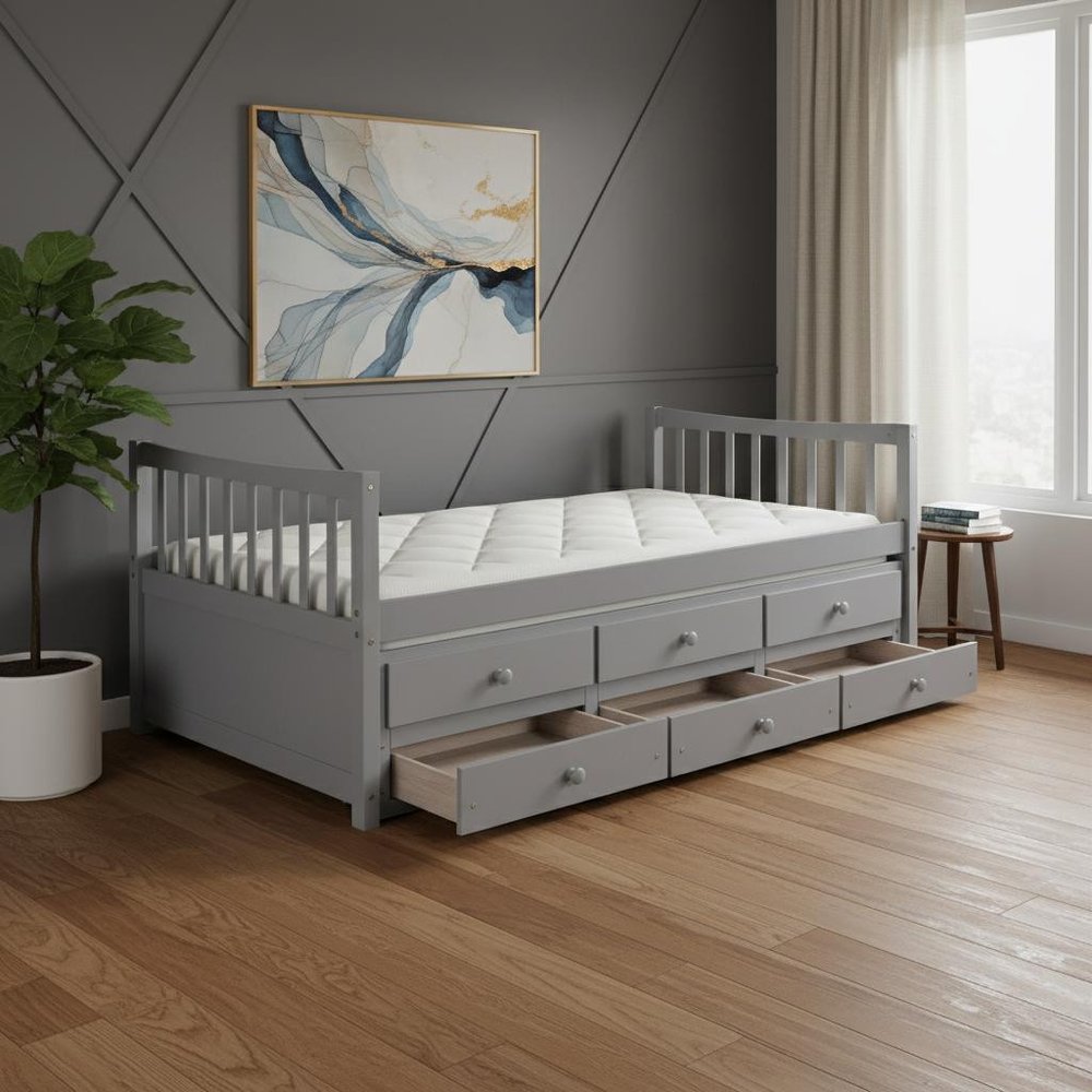 Gray Wood Twin Bed Frame With Drawers