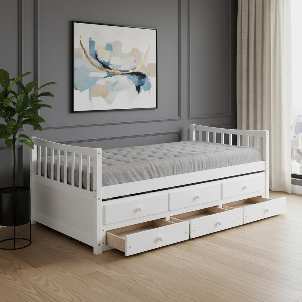 White Wood Twin Bed Frame With Drawers