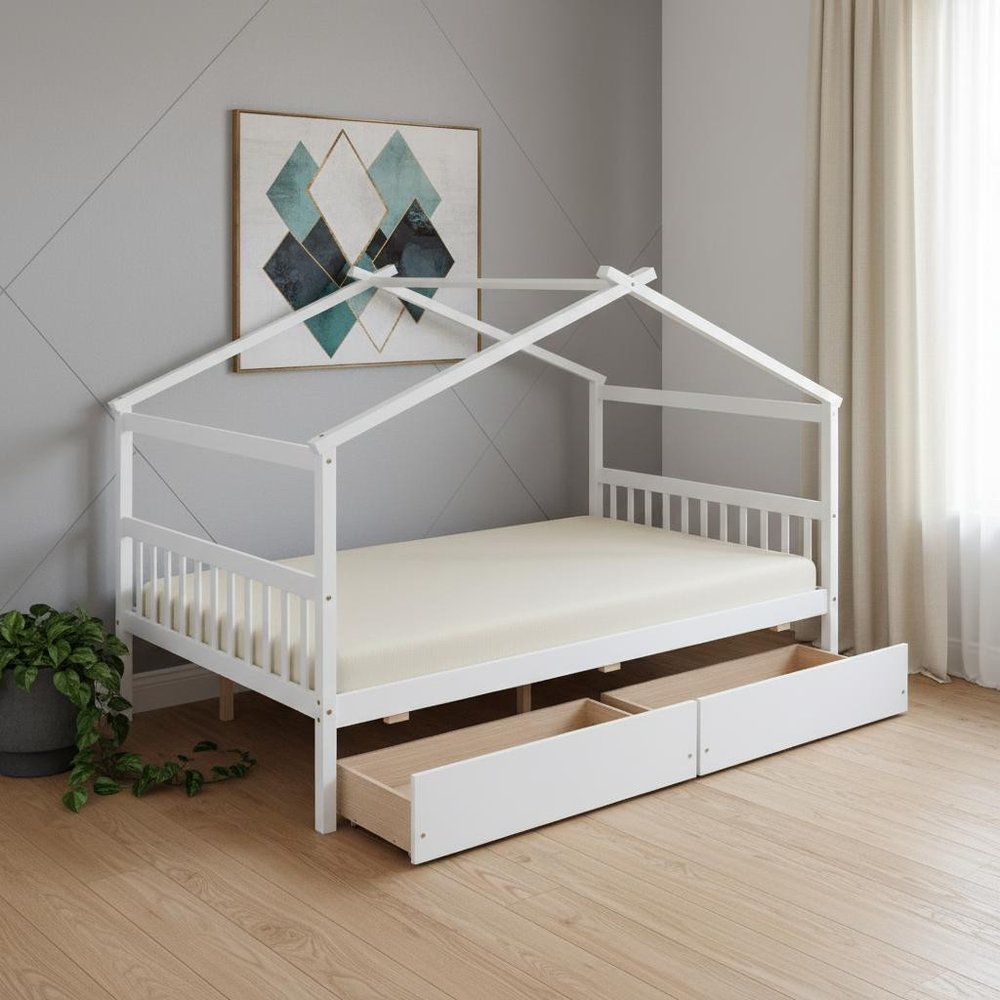 White Wood Full Canopy Bed Frame With Drawers