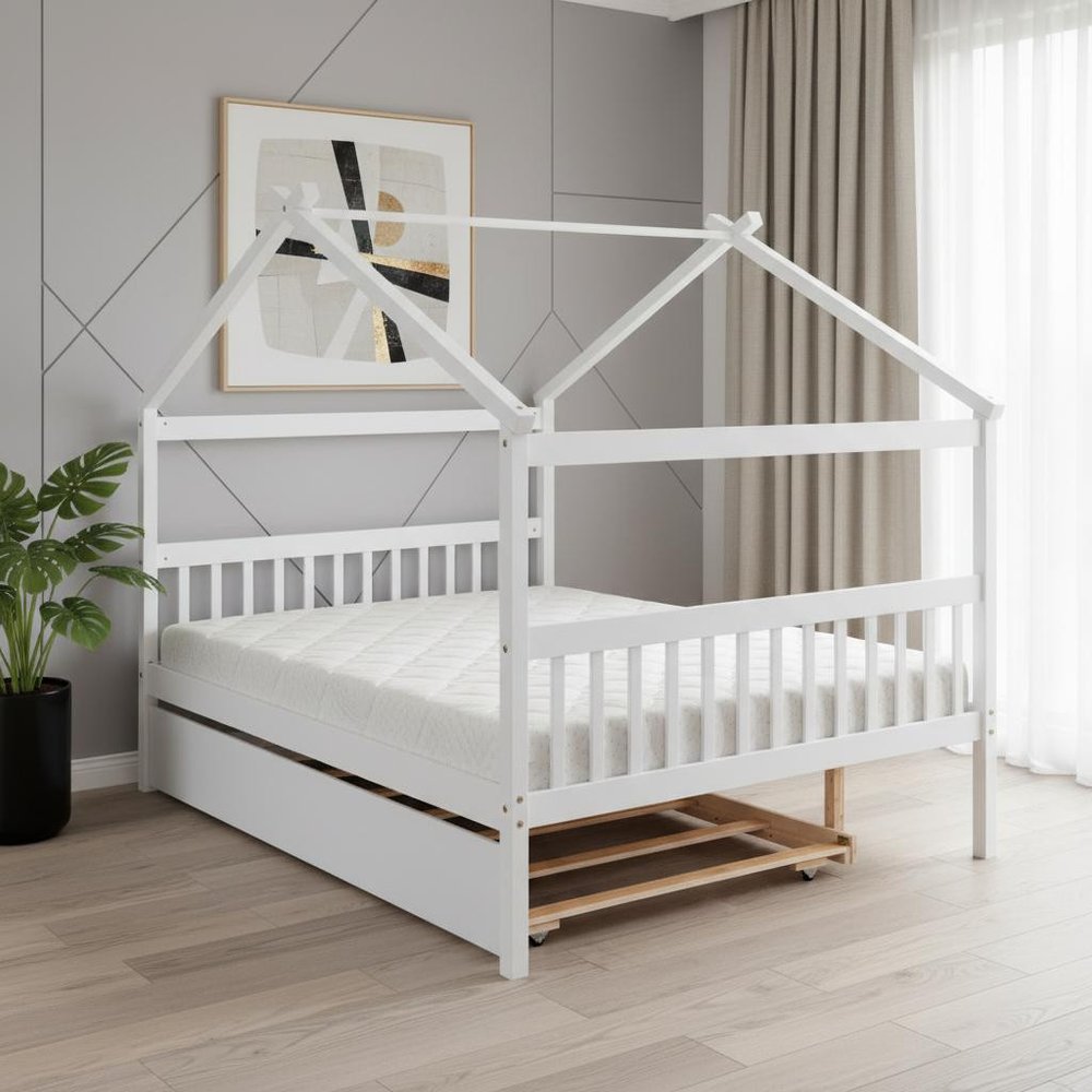 White Wood Full Canopy Bed Frame With Trundle