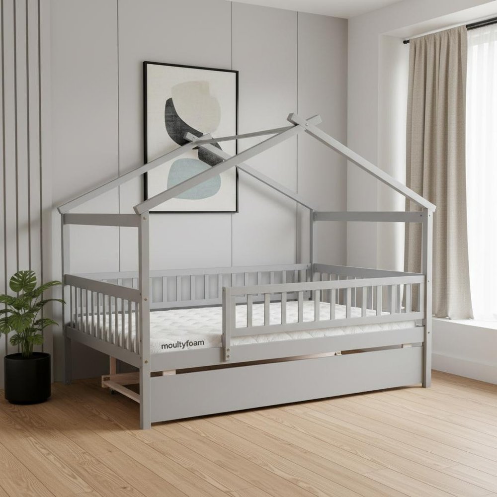 Gray Wood Full Canopy Bed Frame With Trundle
