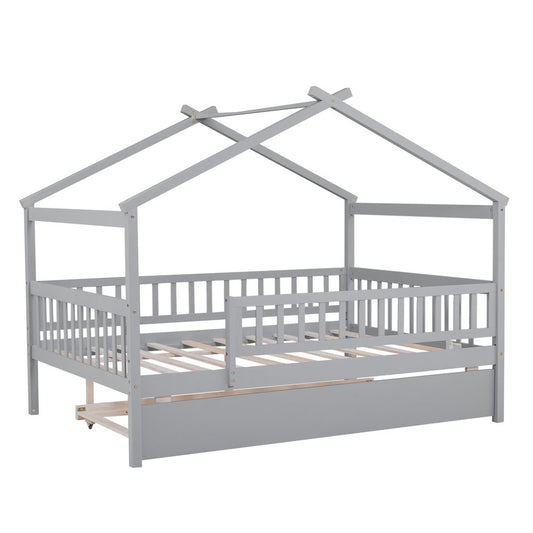 Gray Wood Full Canopy Bed Frame With Trundle