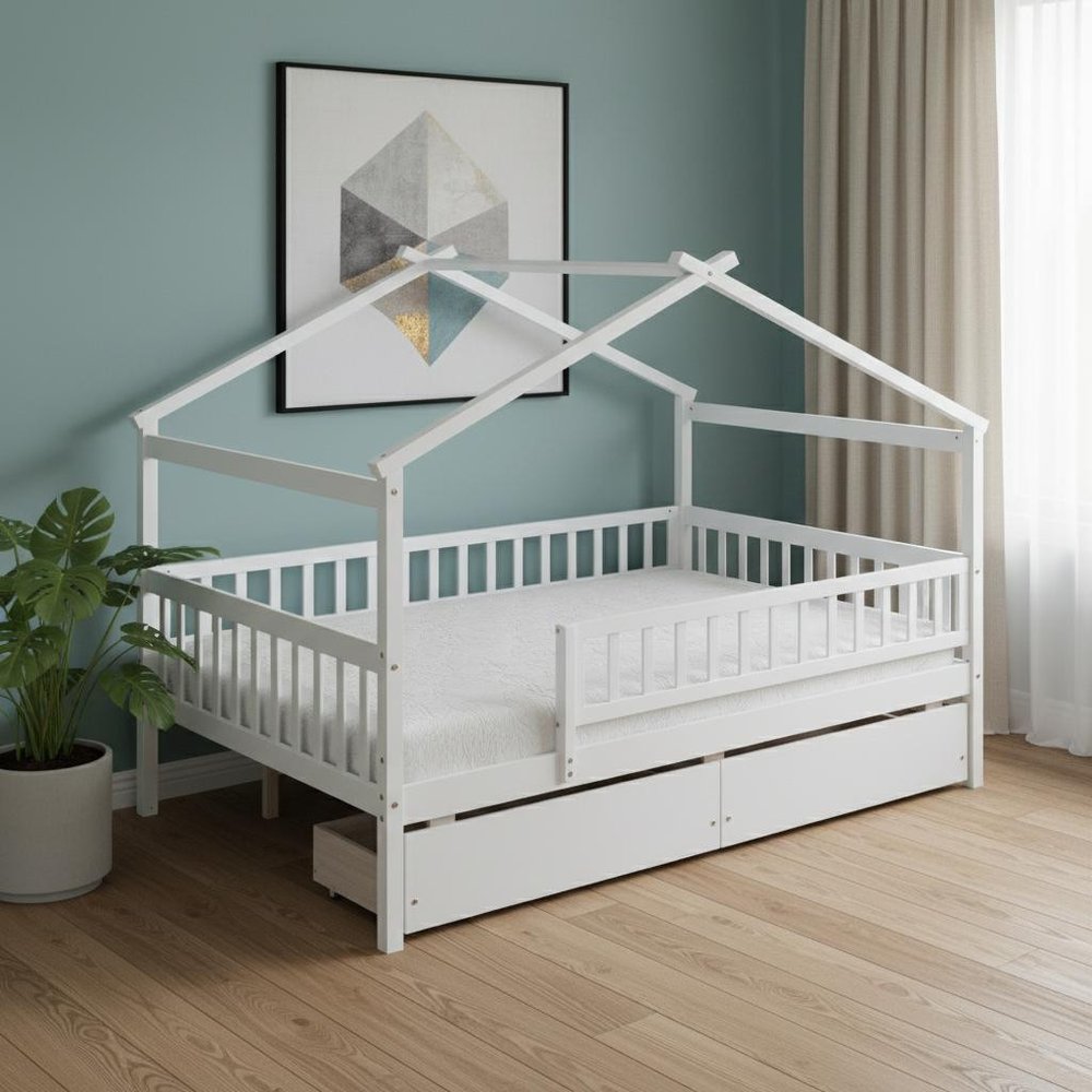 White Wood Full Canopy Bed Frame With Drawers