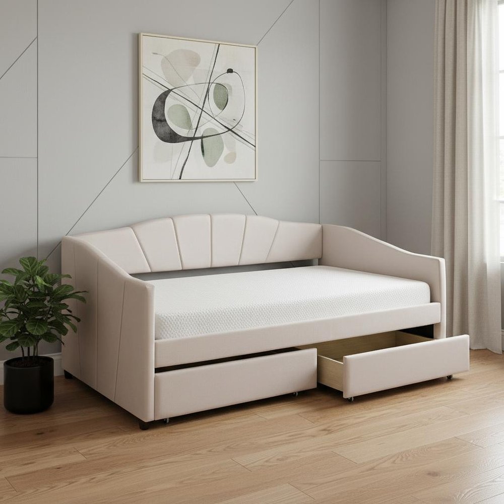 Beige Upholstered Twin Bed Frame With Drawers