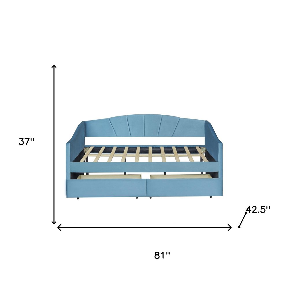 Blue Upholstered Twin Bed Frame With Drawers