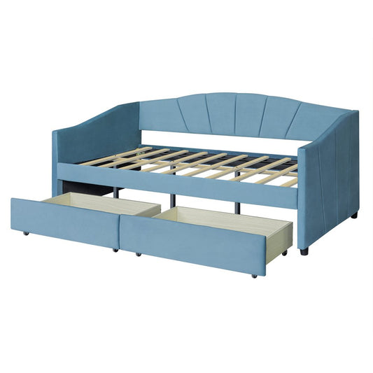Blue Upholstered Twin Bed Frame With Drawers