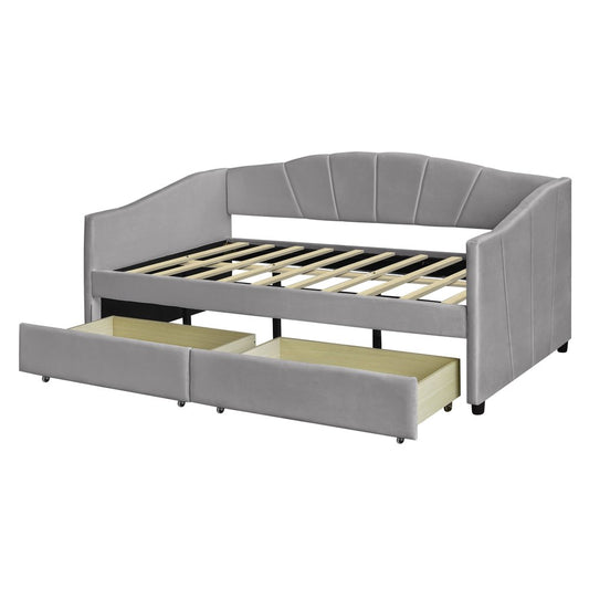 Gray Upholstered Twin Bed Frame With Drawers
