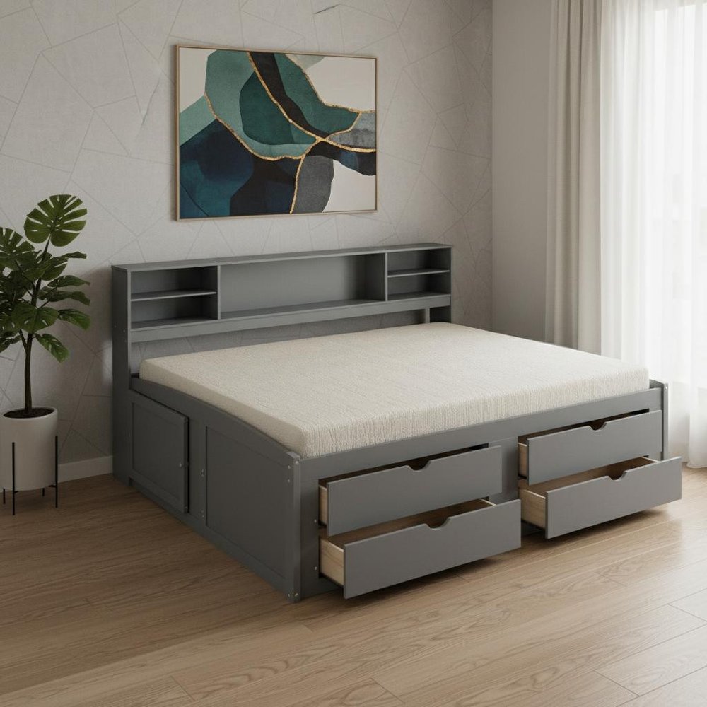 Gray Wood Full Bed Frame With Drawers