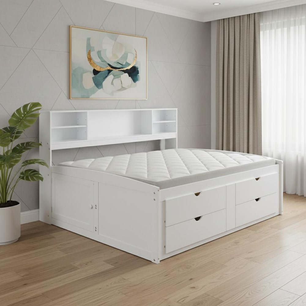White Wood Full Bed Frame With Drawers