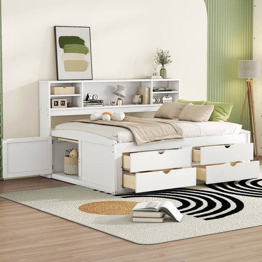 White Wood Full Bed Frame With Drawers