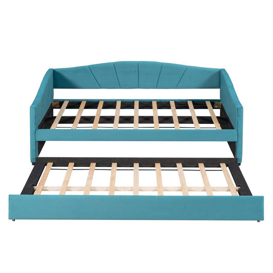 Blue Upholstered Twin Bed Frame With Trundle