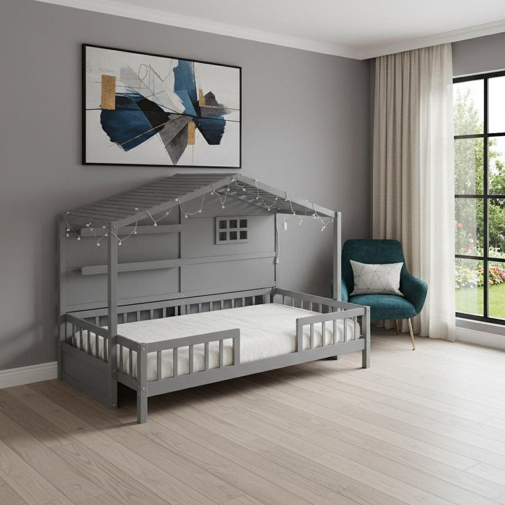 Gray Wood Twin Canopy Bed Frame