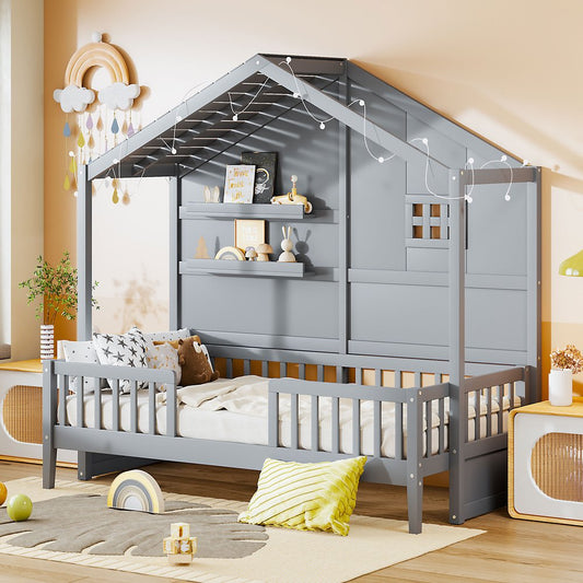 Gray Wood Twin Canopy Bed Frame