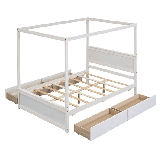 White Wood Full Canopy Bed With Drawers