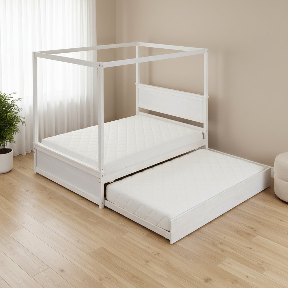 White Wood Full Canopy Bed With Trundle And Drawers