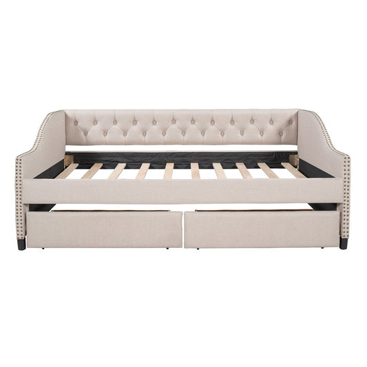 Beige Upholstered Full Bed Frame With Drawers
