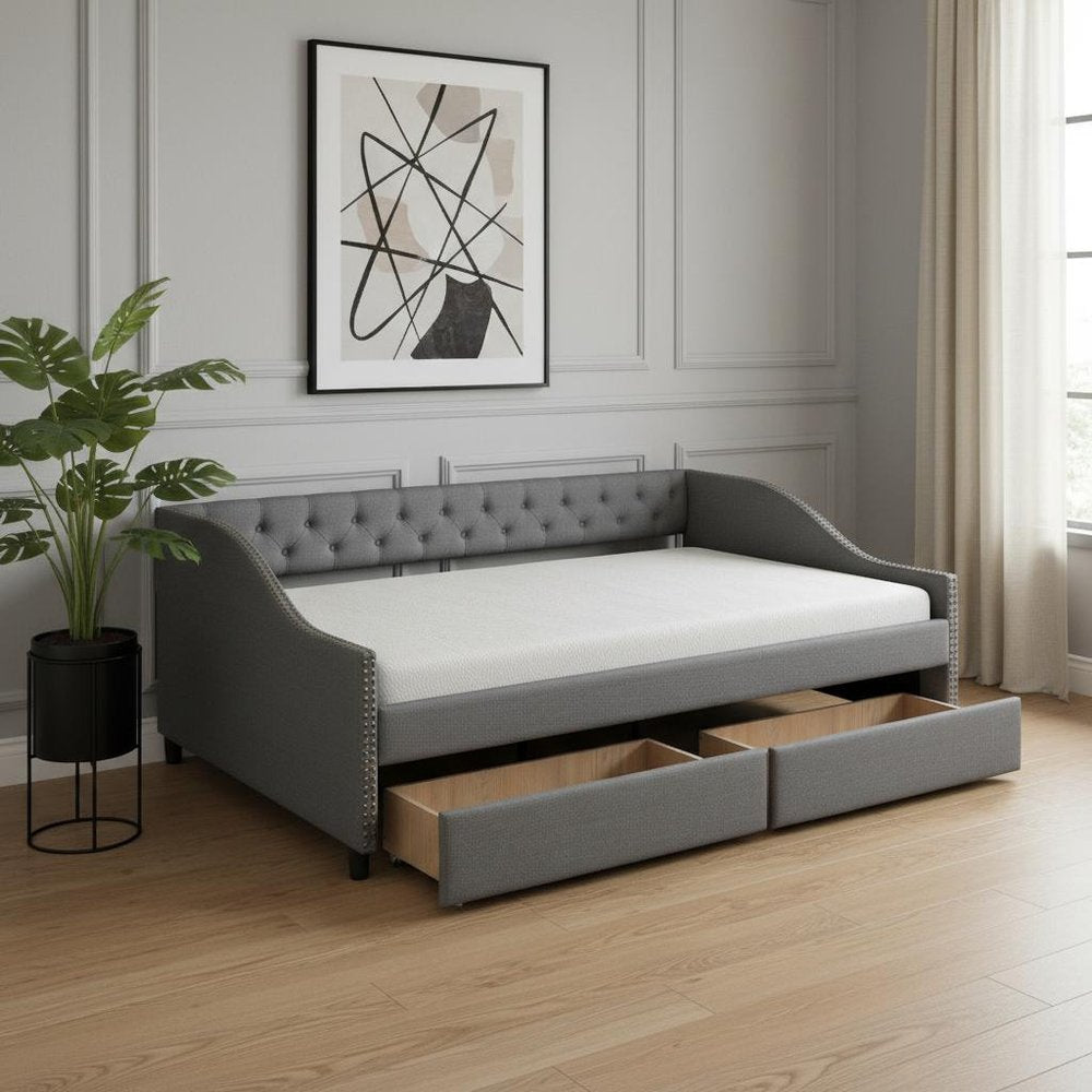 Gray Upholstered Full Bed Frame With Drawers