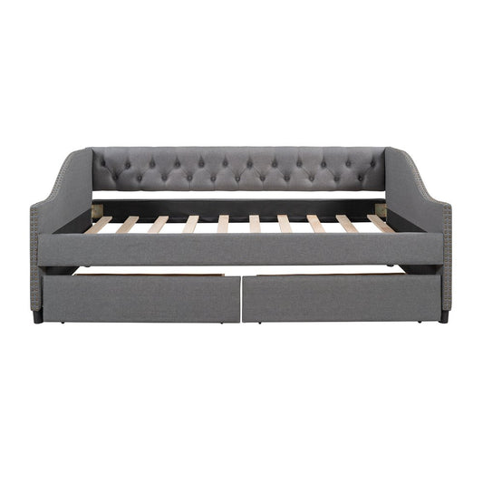 Gray Upholstered Full Bed Frame With Drawers