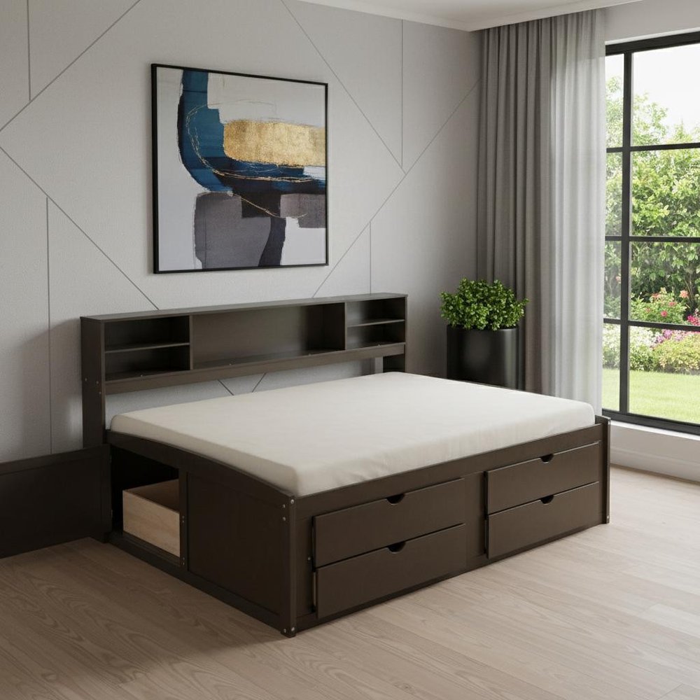 Brown Wood Full Bed Frame With Drawers