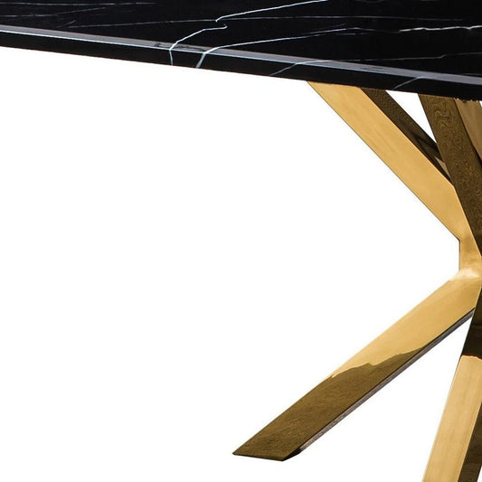63" Black and Gold Marble and Metal Cross Leg Base Dining Table