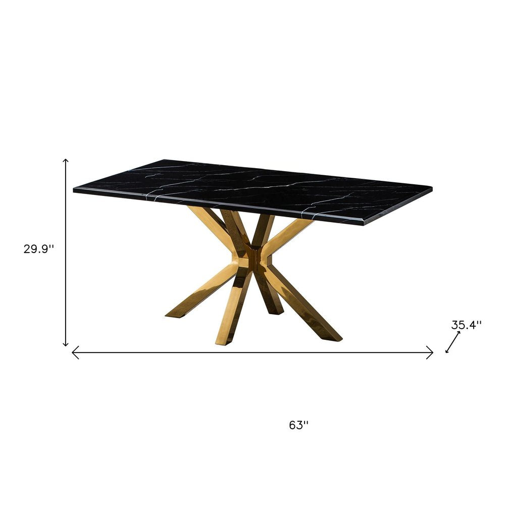63" Black and Gold Marble and Metal Cross Leg Base Dining Table