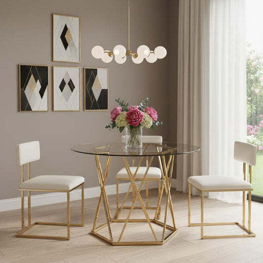 48" Clear And Gold Glass And Metal Trestle Base Round Top Dining Table